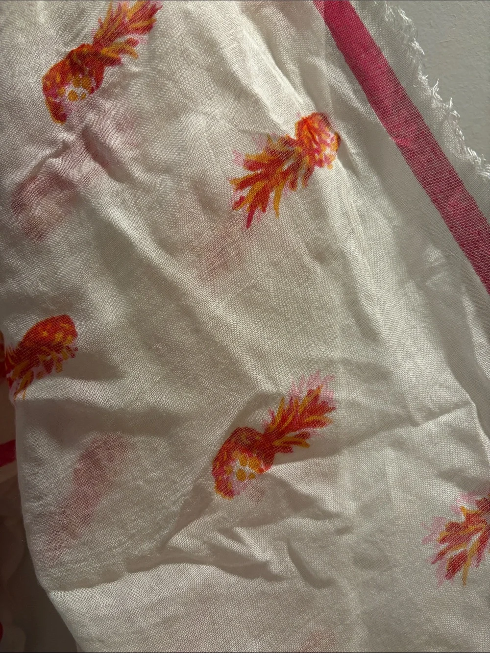 Banana Republic White Scarf with Orange Pineapple Motif and Pink Trim